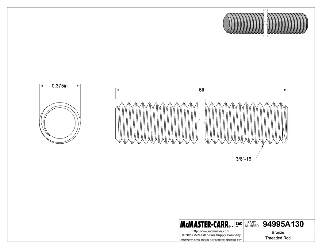 Technical Drawing of Bronze Threaded Rod, 3/8"-16 Thread Size, 6 Feet Long.